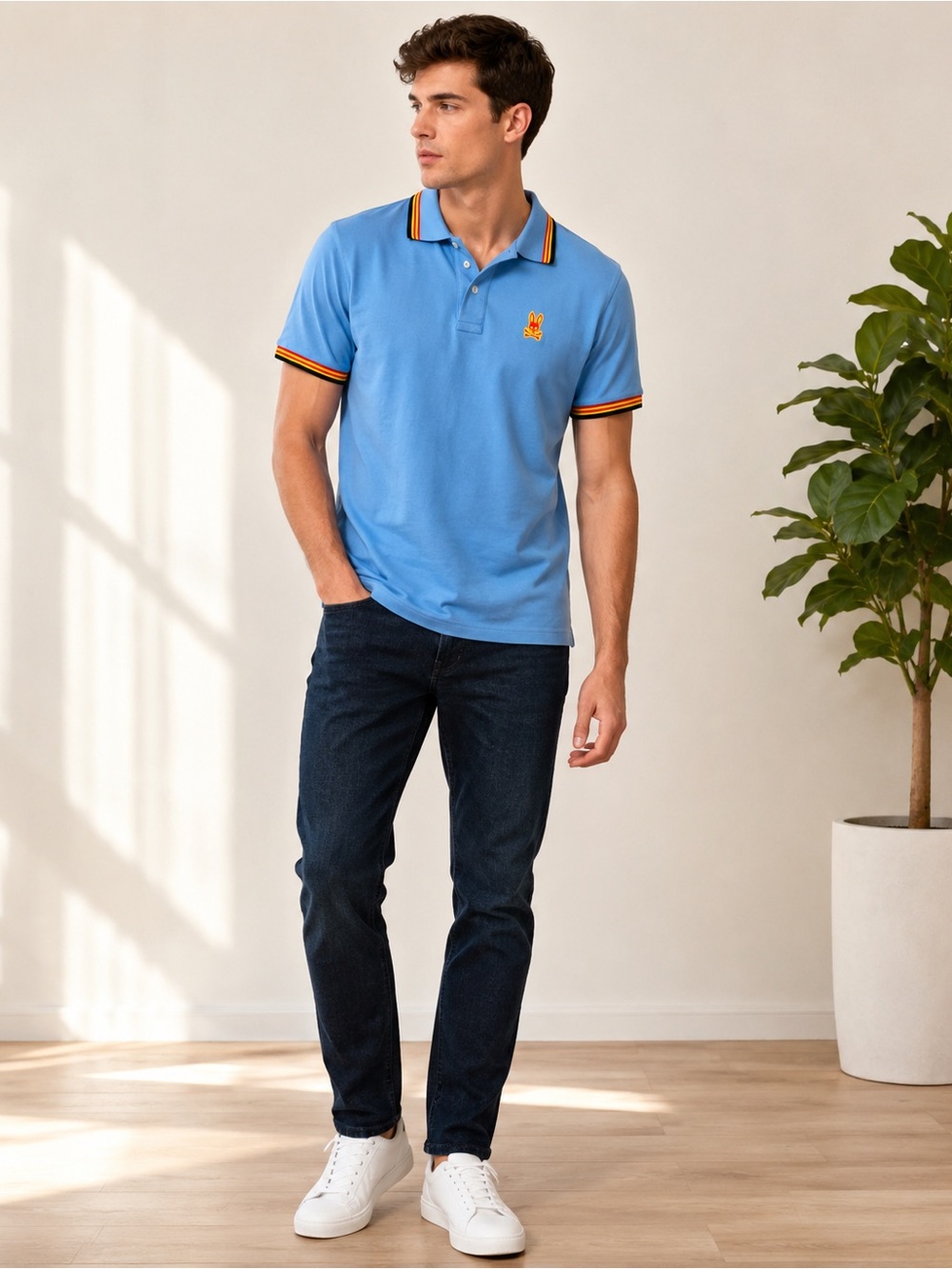 Psycho Bunny Men’s Blue Polo Shirt Neon Trim Embroidered Logo Size Small